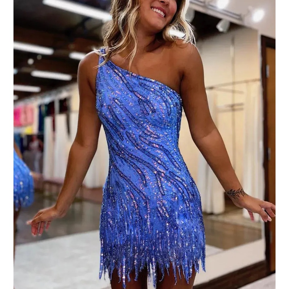 Blue Sequin One-Shoulder Dress